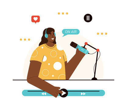Vector flat illustration of podcaster speaking in microphone. Smiling afro american woman in headphones recording audio podcast or online show. Podcasting, broadcasting. White background. 