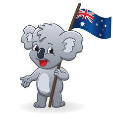 cute smiling happy koala holding australian flag