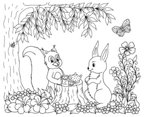 Illustration. The squirrel invited a bunny to visit for tea. Coloring book. Antistress for adults and children. The work was done in manual mode. Black and white.