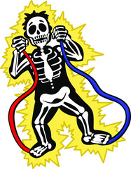 Vector skeleton is electrocuted by two wires. Isolated illustration in cartoon sticker style