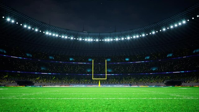 American football night stadium with fans iilluminated by spotlights waiting game. High quality 4k footage