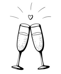 Vector doodle hand drawn sketch black ink illustration of two champagne glasses couple love anniversary valentines day celebration drink cheers on white background