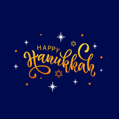 Happy Hanukkah handwritten text. Golden letters, sparkling stars on dark blue background. Modern brush calligraphy. Hand lettering, vector illustration for Jewish holiday as greeting card or poster
