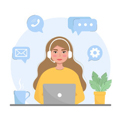 Customer service, online technical support vector illustration. Woman with laptop with headphones and microphone. Flat style, cartoon character.