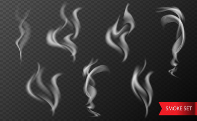 Realistic smoke set. Collection of smokes from cigarettes, hot food or drink isolated on transparent background