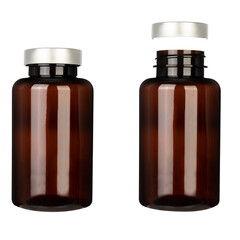 Empty brown bottle for a vitamin or supplement and a silver cap insulated on a white background. MOCKUP