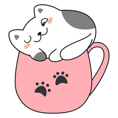 Cute kawaii cat on pink mug. Vector illustration.
