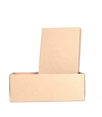 Cardboard box with open lid isolated on white background.