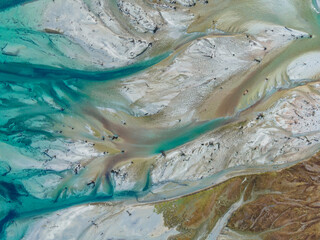 Overhead view of the white river in hornopiren and the formations that it leaves towards the...