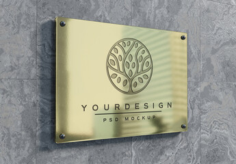 Sign Plate on Wall with Gold Reflection Mockup