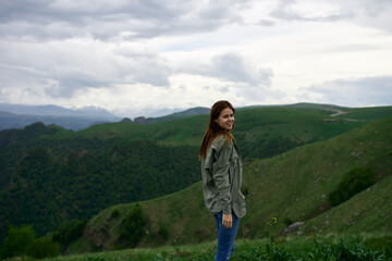 woman hiker mountains landscape travel fresh air