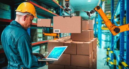 Smart robot arm systems for innovative warehouse and factory digital technology . Automation manufacturing robot controlled by industry engineering using IOT software connected to internet network .