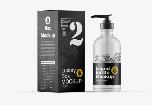 Liquid Bottle With Box Mockup