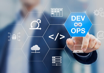 DevOps engineer working on software development and IT operations with icons of agile methodology,...