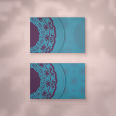 Business card template in turquoise color with vintage purple pattern for your personality.