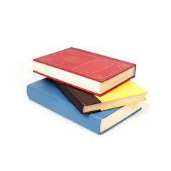 Stack of red, yellow and blue books in colour covers with white sheets isolated on a white...