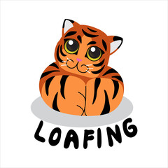 Illustration of a cute sitting tiger. Cartoon kitty loaf. Vector drawing.