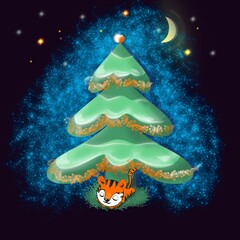 illustration of a Christmas tree with a tiger. Christmas card Christmas tree and tiger.