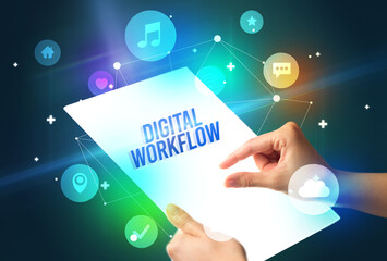 Holding futuristic tablet, new media concept