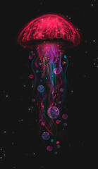 Abstract fantasy neon jellyfish on a black background. Marine jellyfish, colorful neon. 3D illustration.  © MiaStendal