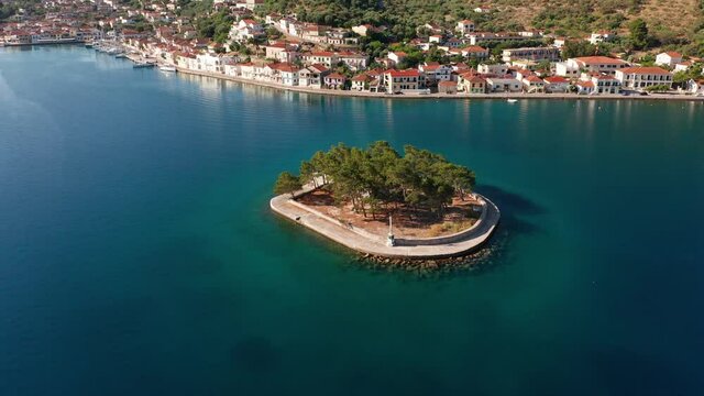 Drone view of Vathi port and Lazareto island in Ithaca Greece