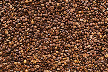 roasted aromatic coffee beans on a dark background. coffee background. flat lay with place for text. view from above.

