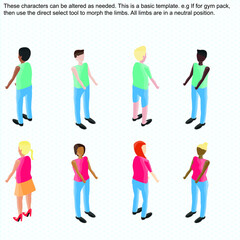 Isometric People Template which can be used for infographics, vector art etc. Male and Female set facing; back left, front left, back right, front right. Versatile template which can be modified easy.