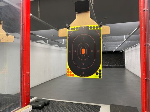 Calgary, Alberta - November 5, 2021: A target hanging in a gun range in Calgary