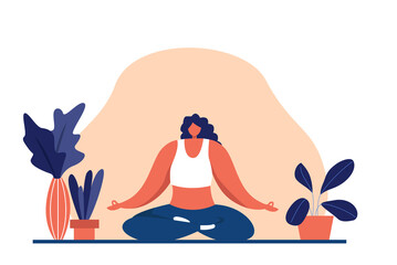 Girl in yoga posture and meditating. Spiritual and physical practice. Aerobics exercise and morning meditation vector illustration.