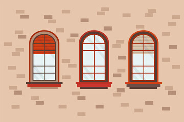 Cartoon exterior wall of the house with windows. Illustration with semicircular colorful wooden window frames. Windows and arches for banner design. Vector illustration