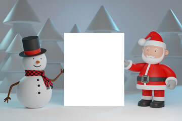 Santa Claus and Snowman holding a blank sign with snowy trees background. Christmas concept. 3d illustration.