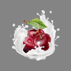 Cherries in yoghurt, cream, delicious berry milkshake.