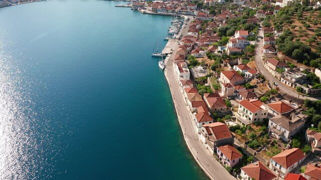 Drone view of Vathi port and traditional houses in Ithaca Greece