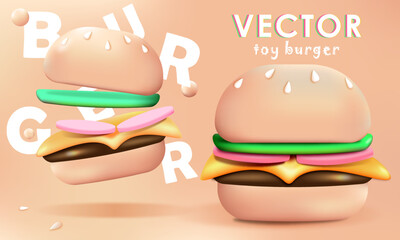 Toy, cartoon burger. Bouncing burger ad, delicious and attractive hamburger with refreshing ingredients in pastel 3d illustration. Premium vector /