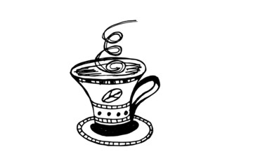 Cup of coffee, hot drink in a glass, freehand drawing with black stroke, white background, illustration for coloring, creativity, printing on paper and fabric