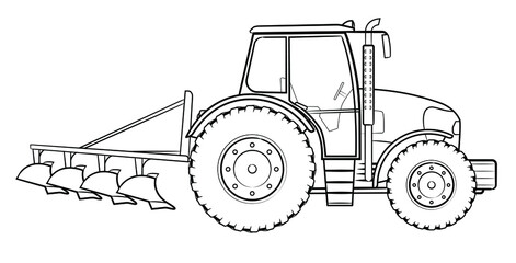 Farm tractor with plow - vector illustration of a vehicle.