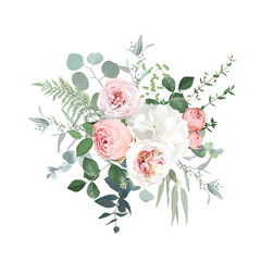 Blush pink garden roses, ranunculus, hydrangea flowers vector design bouquet