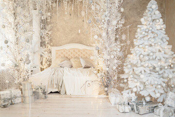 New Year's holiday, mood, Stylish New Year's minimalistic interior, Gifts and wrapped gifts under the Christmas tree. large white bedroom with white bed