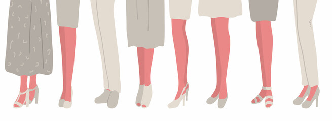 Women's feet in summer shoes. Shoes, sandals, slippers. Can be used as a seamless border. Vector illustration