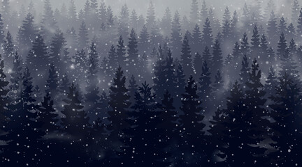 Beautiful winter forest with fir trees and falling snowflakes.