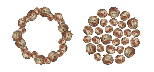 Flat round shape and wreath of yellow onion bulbs, isolated on white. Watercolour illustration. For cards, invitations, recipe, menu, cookbook, scrapbook, stationery and packaging design.