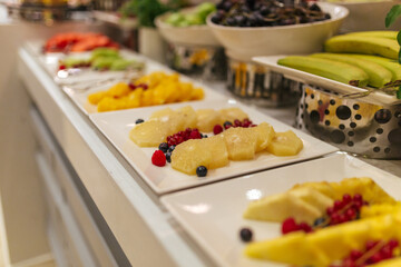 fruits and various desserts in the restaurant