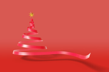 Red ribbon draws a Christmas tree with a gold star at its tip . 3d illustration.