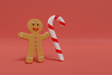 gingerbread man and candy cane on red background. Christmas concept. 3d illustration.