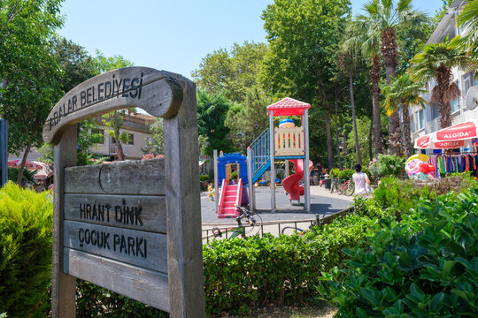 Kinaliada, Istanbul, Turkey - 07.30.2021: Hrant Dink public park built in memory of him in home town after assasination of famous Armenian Turkish journalist in wide view angle in a hot summer day