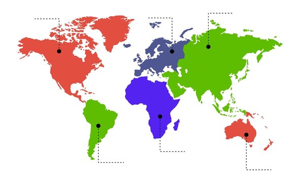 Vector illustration. Info graphics. The world map is divided into six continents color: North America, South America, Africa, Europe, Asia and Australia, Oceania. No inscriptions.