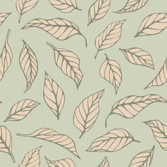 Seamless vector pattern of leaves in pastel colors. Hand drawn elements,background for design packaging, textile, wallpaper, fabric