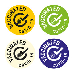 Set of Vaccinated labels. Icon medical syringe with needle in flat style, concept of vaccination COVID-19, injection, isolated vector illustration