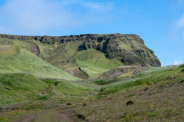 Cloudy landscape of grassy cliffs in Vik South Iceland