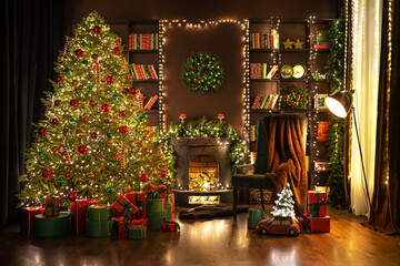 Stylish room interior with fireplace, cozy armchair, beautiful Christmas tree in evening. Cozy home 